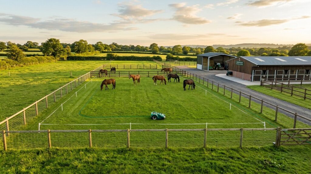 Wide landscape view of a well-maintained horse facility past
