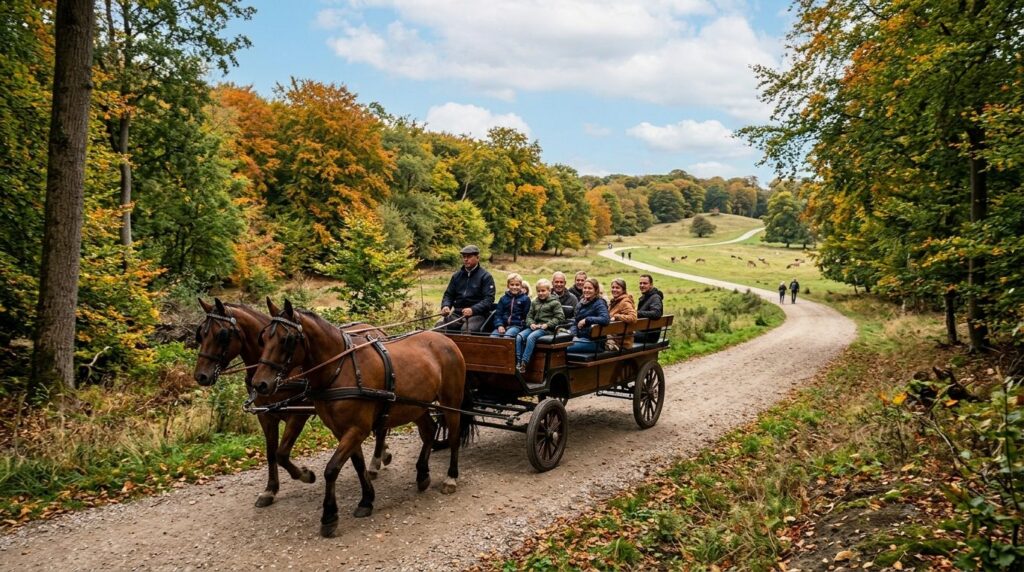 Wide-angle professional photograph of a horse-drawn carriage