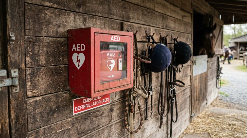 Close-up photorealistic shot of a red emergency defibrillato