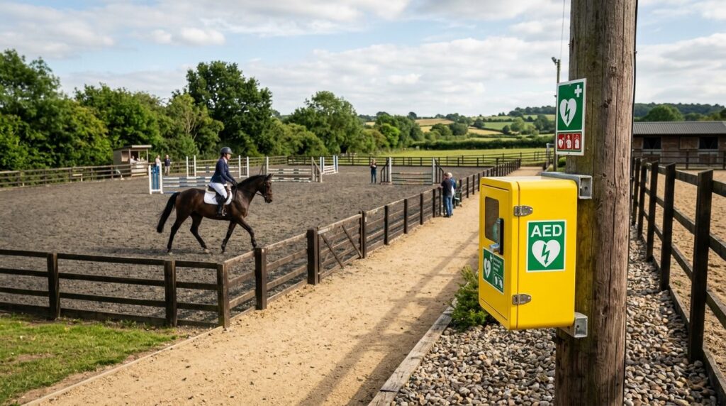 Photorealistic wide-angle image of an equestrian arena with