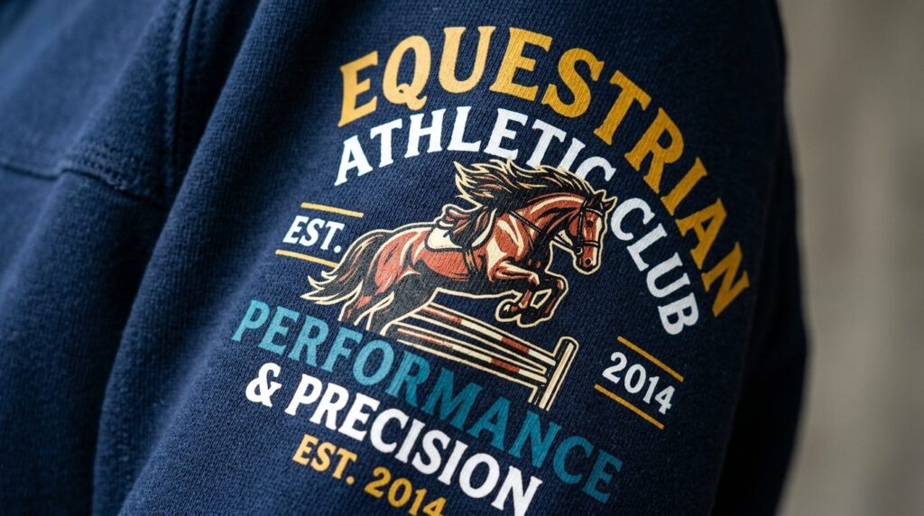 Close-up detailed view of professional screen printing on eq