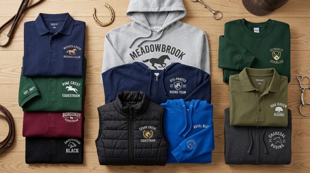 Flat lay composition of custom printed riding club merchandi