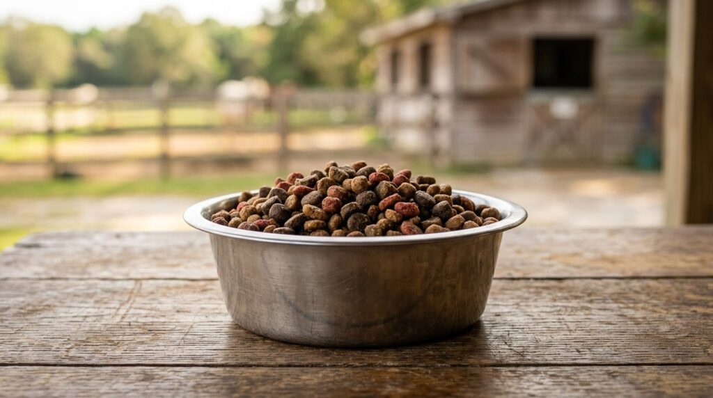 Close-up photorealistic image of premium dry puppy kibble pe