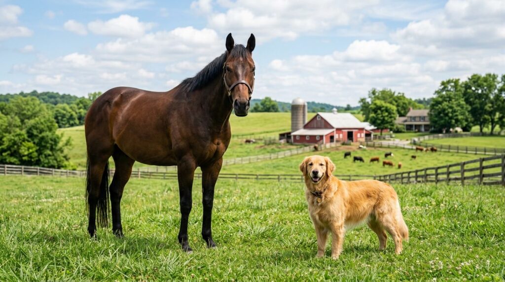 Photorealistic image of a confident adult horse and a mature