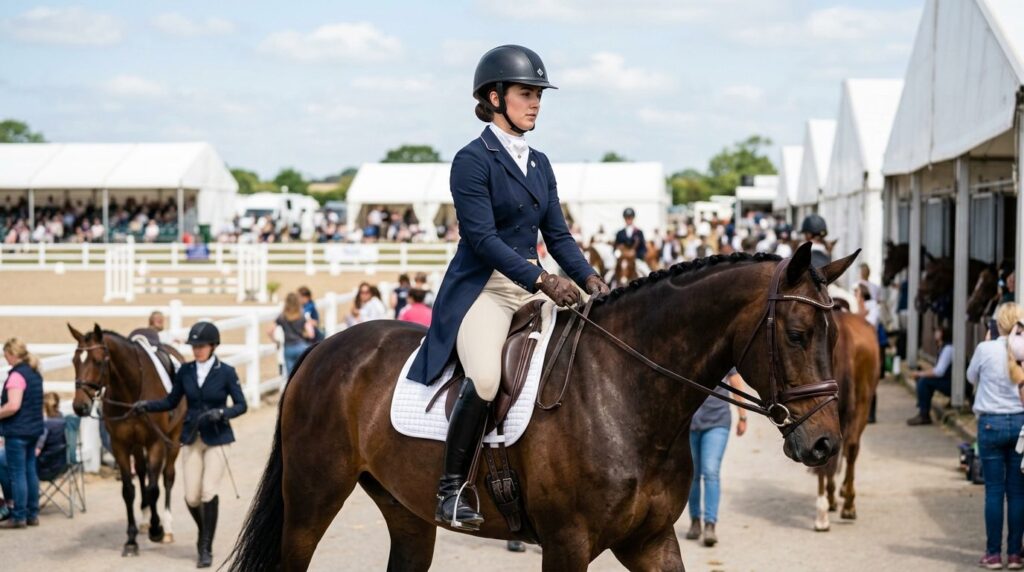 Active female equestrian at a horse show or riding event, we