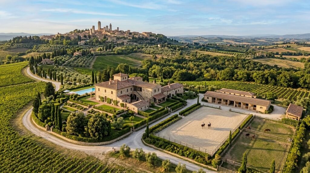 Aerial view of a luxury villa with private horse stables and