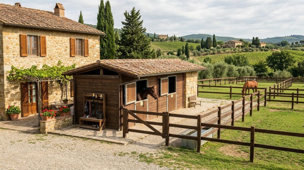 Close-up of well-maintained horse stable facilities next to 