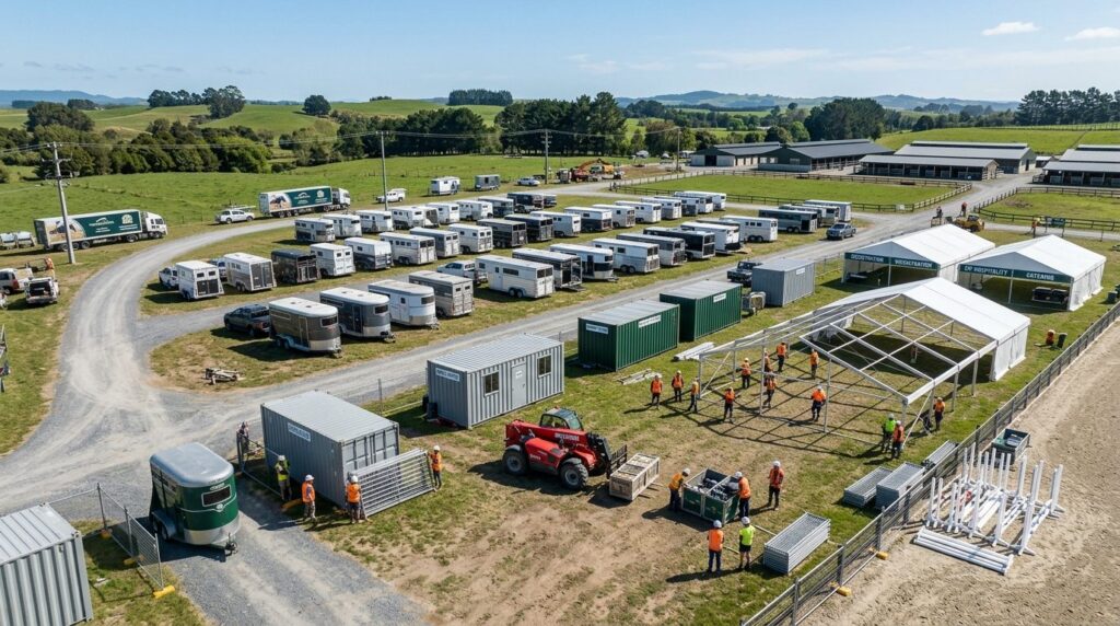 Wide professional photograph of a horse event ground with mu