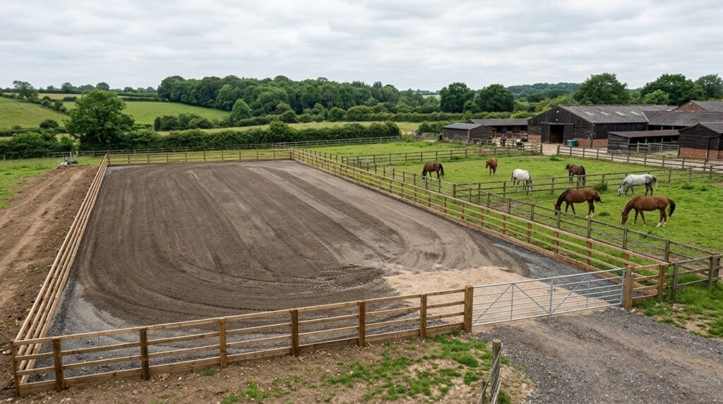 Professional equestrian facility photograph showing transfor