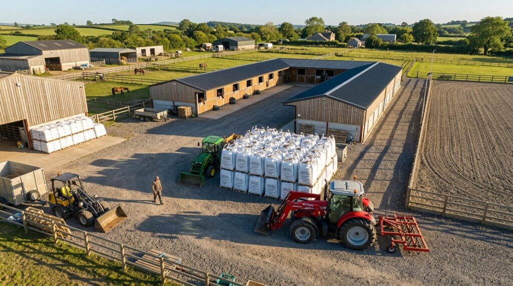 Overhead view of a horse stable yard with big bags of white 